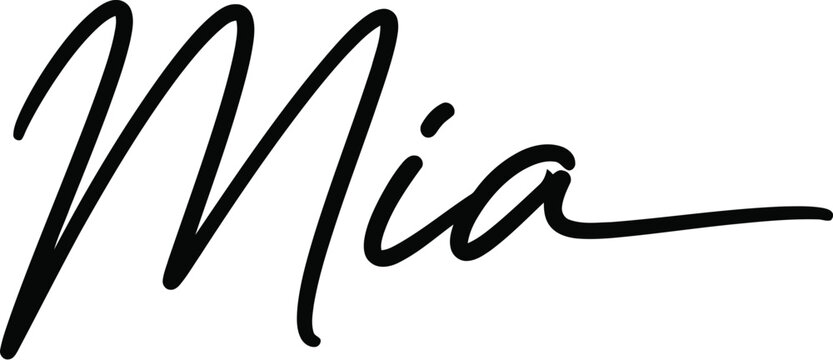 The elegant signature of the name Mia in black cursive font on a white background