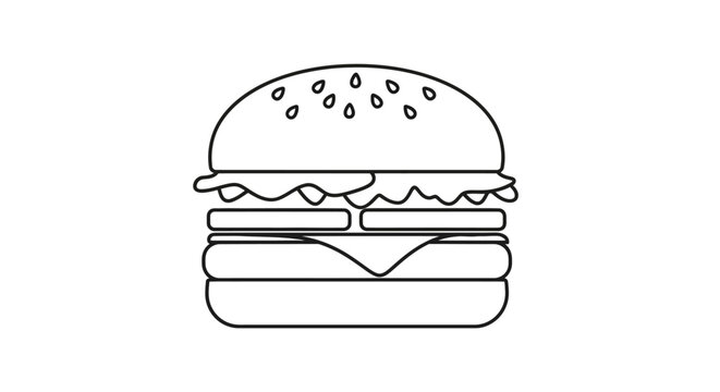 Simple black and white outline of a hamburger with sesame seeds