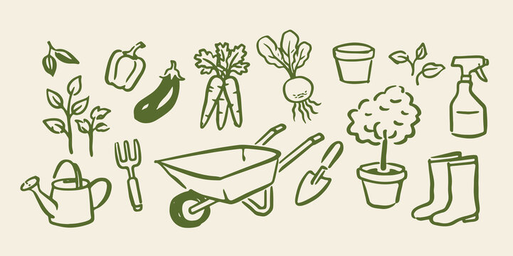 Garden tools and vegetables doodle icon set vector illustration