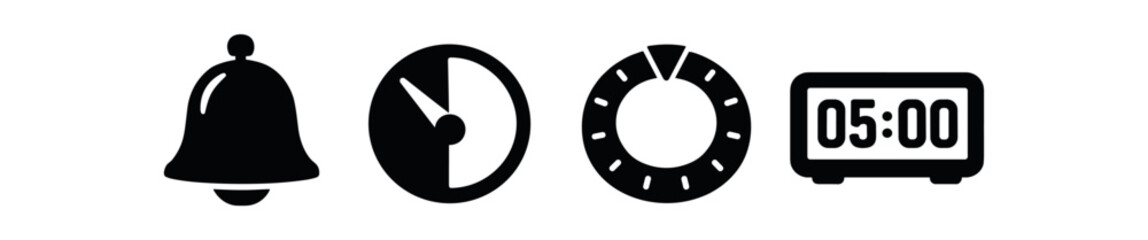 Fototapeta premium Alarm bell and countdown icon set. notification bell, pie timer, progress ring, digital alarm display 05:00. line and flat vector illustration.