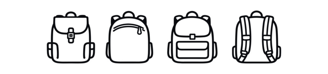 Fototapeta premium Backpack icon set. backpack, rucksack, school bag, travel pack, shoulder straps, pockets, buckle. line and flat vector illustration.