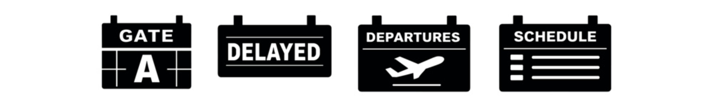 Airport signage icon set. gate, delayed, departures, schedule, flight board, information display. line and flat vector illustration.