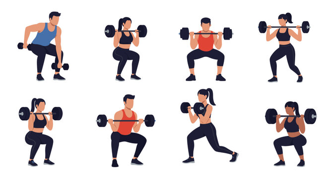 Collection of fitness characters shown in various weightlifting poses with barbells and dumbbells for strength training.