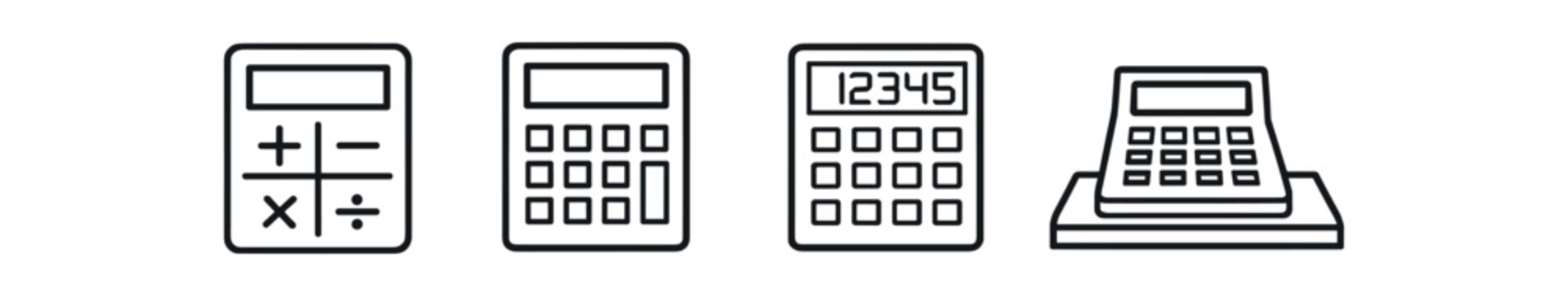 Calculator icon set. basic calculator, numeric keypad, desktop adding machine, finance and accounting tools. line and flat vector illustration.