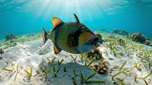 Underwater Scene - Vibrant Triggerfish Swimming in a Tropical Ocean Habitat.