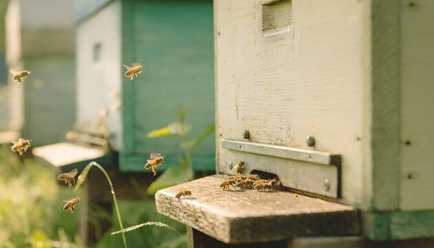 The Golden Hum: Bustling Activity at the Threshold of a Sun-Drenched Apiary