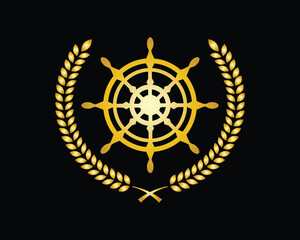 Obraz premium Golden nautical ship wheel framed by a laurel wreath, representing maritime leadership, authority, and professional excellence.