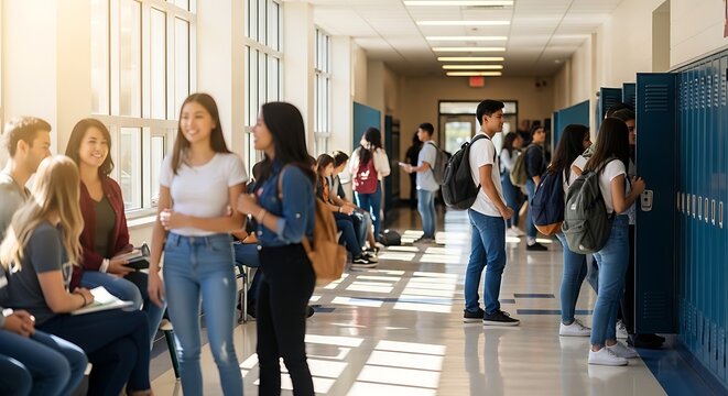 Diverse group of high school students socializing and walking in a bright school hallway with lockers.