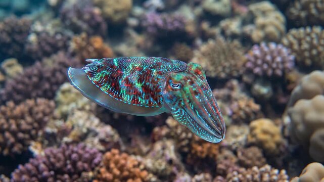 Amazing Cuttlefish Swimming Gracefully Over Colorful Coral Reefs Underwater.