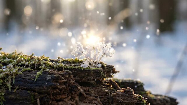 Magical forest scene with sparkling light and mossy log in winter.