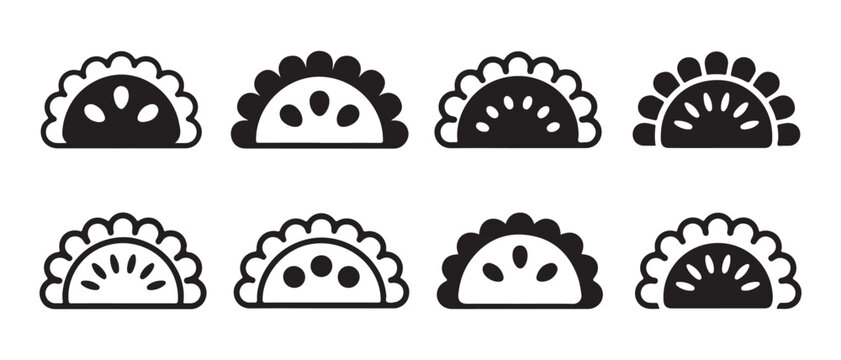 Set of diverse empanada icons in black and white, simple outline and solid fill designs.