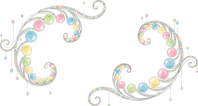 A whimsical floral design with colorful balloons and swirling vines on a white background