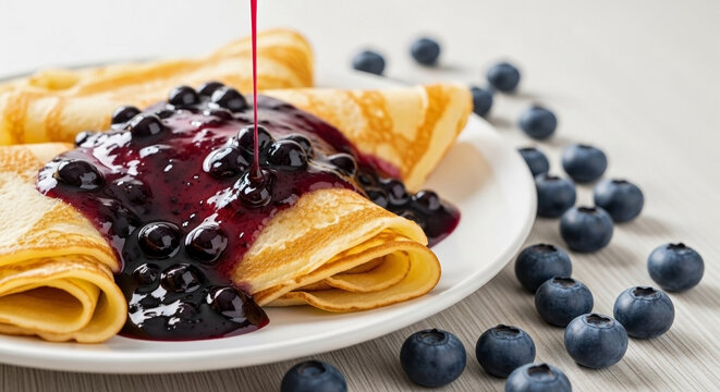 Blini with Blueberry Sauce Served on a White Plate for Food Blogs, Recipe Websites, Cooking Articles, Breakfast Menus, and Culinary Social Media Content
