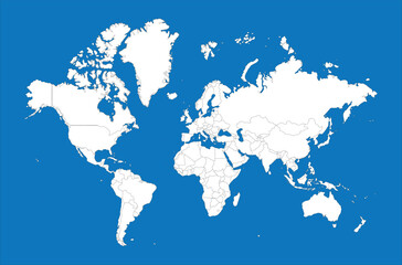 Fototapeta premium Detailed world map with country borders rendered in white on a clean blue background.