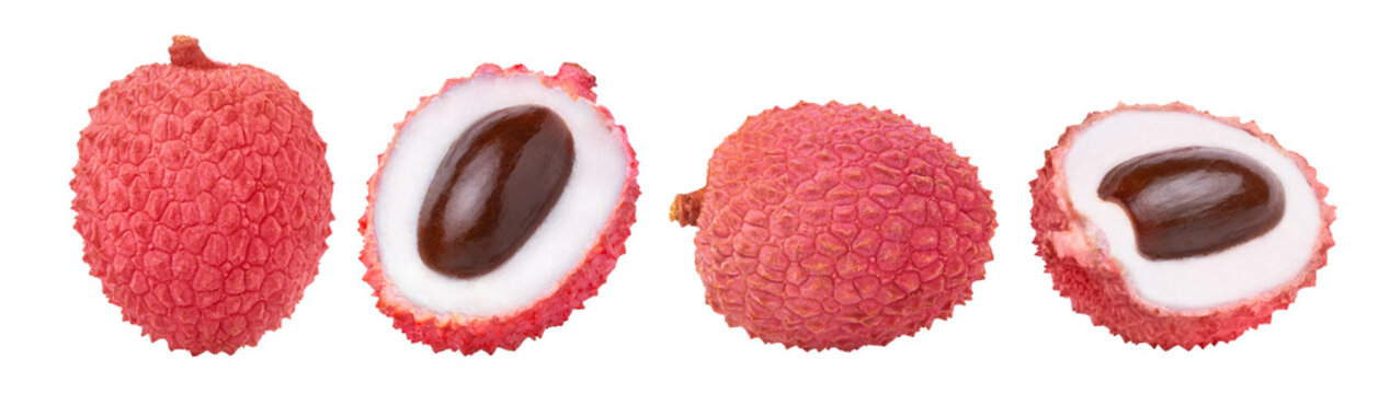 Lychees and halves of lychee set. Fresh pink lychee and half of juicy lychee with seed without shadow isolated collection.