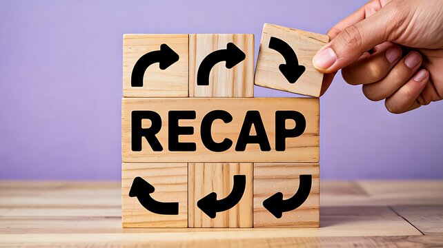Wooden blocks with recap text and arrows representing summary review and business analysis concept