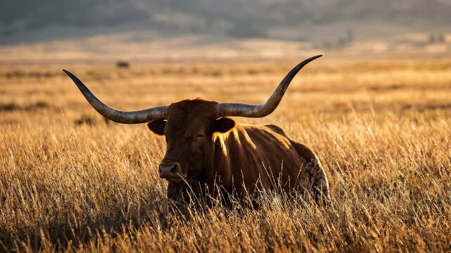 Majestic Texas Longhorn Bull Resting in Golden Field at Sunset.