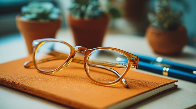 Orange glasses on top of a brown notebook with a blue pen and potted plants