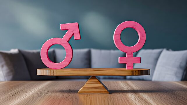 Gender equality concept with male and female symbols balanced on scale representing fairness and social equality