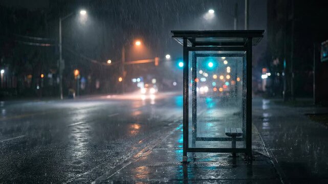 Rainy Night Scene - Bus Stop Illuminated in City Street During Storm.