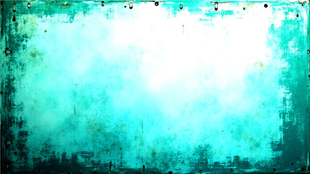 Rustic turquoise metal background with weathered patina and textured wall surface with faded paint and aged plate industrial design.