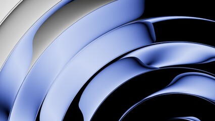 Obraz na płótnie Canvas 3D rendering. Abstract minimalist aesthetic background. Round metallic arcs. Blue and silver gradient refracting through a ribbed glass texture