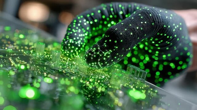 Illuminating Technology: An close-up view of a gloved hand inspecting a circuit board that emanates a glowing green light, highlighting the intersection of human and machine.