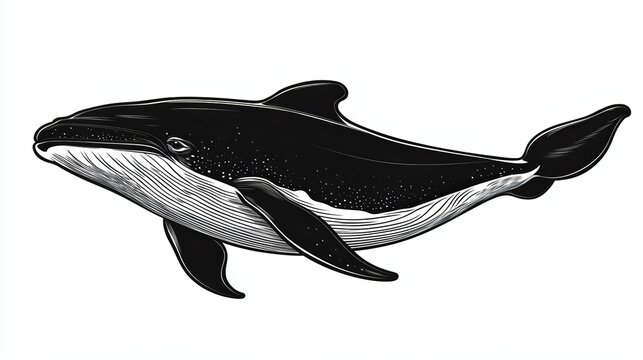 Intricate Black and White Vector Illustration of Right Whale and Dolphins in Ocean Fauna Scene