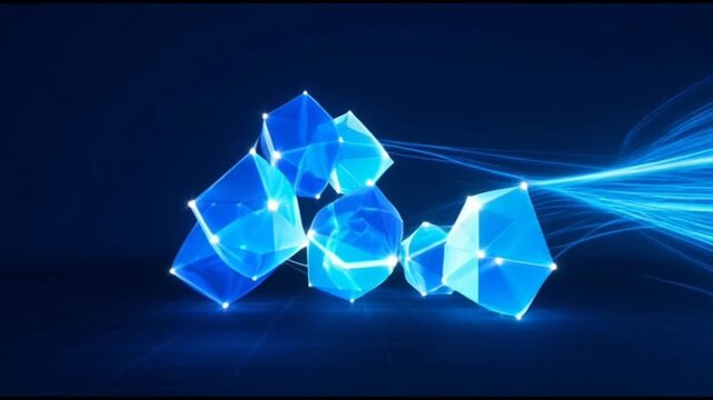 Abstract Technological Forms: Futuristic abstract design features crystalline structures interwoven with flowing light trails, embodying concepts of connectivity and technological advancement.
