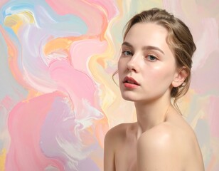 Naklejka premium A woman with fair skin and brown hair against a colorful abstract background