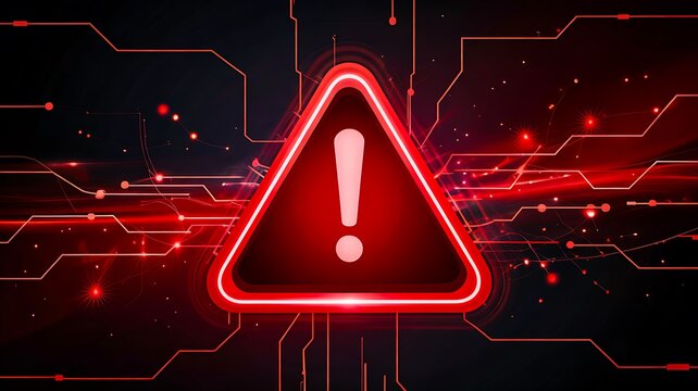 Red warning triangle digital alert symbol with exclamation mark cybersecurity and system error concept