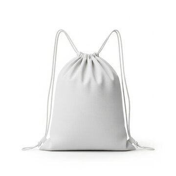 A simple white drawstring bag on a plain white background.