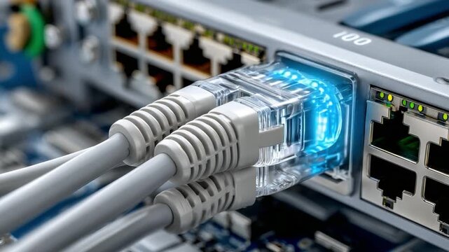 Network Connectivity: A close-up view of a network switch showcasing the crucial links and pathways of data transfer and the pulsating glow of active connections.