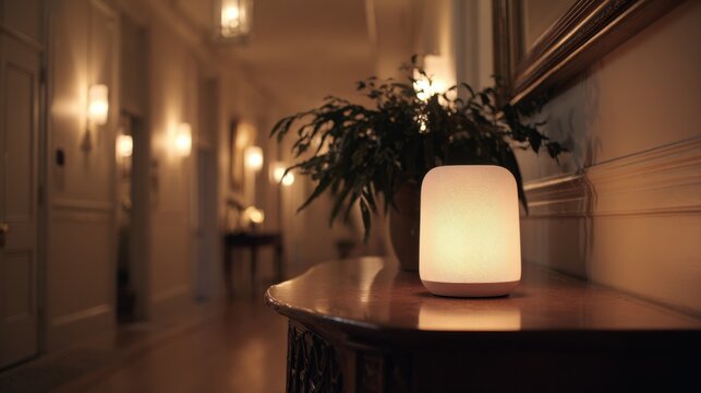 Smart speaker placed on a hallway console softly glowing while generating customizable white noise to muffle distant conversations and vibrations.