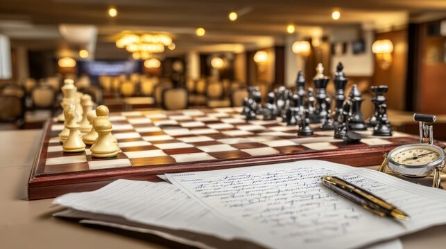 Chess Board Midgame Position with Analysts Notes and Timekeeping Device