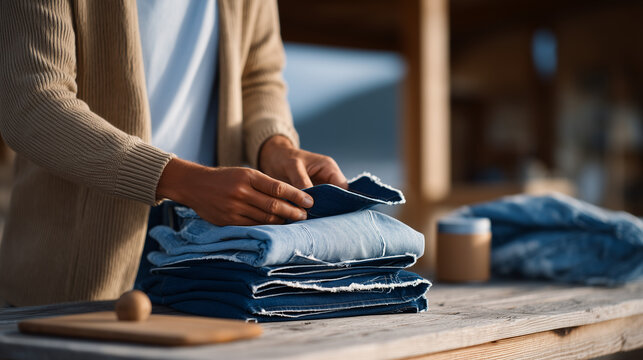 Fashion designer examines upcycled denim garments on wooden table during golden hour, repurposed textile waste creating luxury sustainable clothing collection with visible stitching details, ideal f