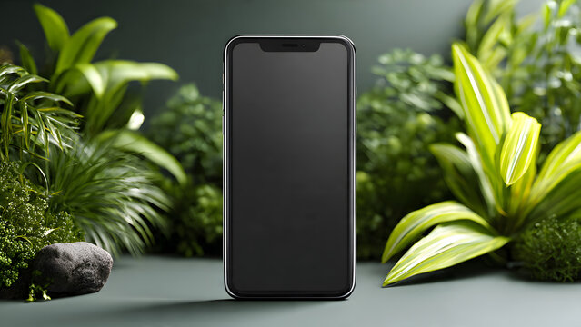 A sleek, modern smartphone is centrally positioned against a lush backdrop of vibrant green plants and foliage.