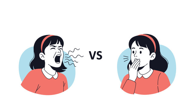 Comparative illustration showing a girl loudly yelling with sound waves versus another girl calmly yawning, representing contrasting vocal expressions and states.