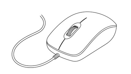 Naklejka premium Detailed black and white outline drawing of a wired computer mouse with a scroll wheel, showing the connection cable, on a white background.