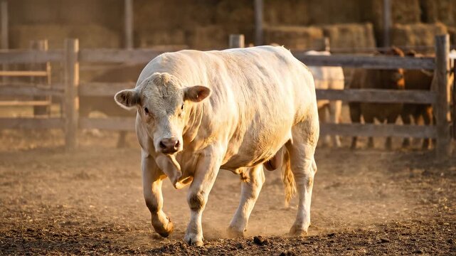Majestic White Bull Standing Proudly in a Dusty Farm Environment.