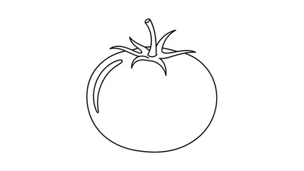 Obraz premium Simple black and white outline drawing of a fresh, ripe tomato with a stem and leaves, ideal for vegetable-themed coloring books.