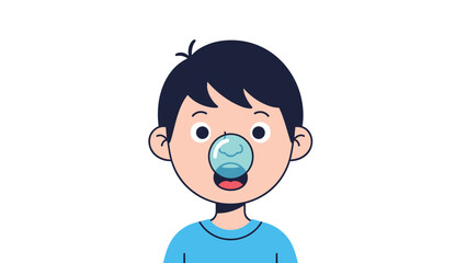 Obraz premium Whimsical cartoon illustration of a young boy humorously blowing a blue bubble from his nose, showcasing a playful and silly moment.