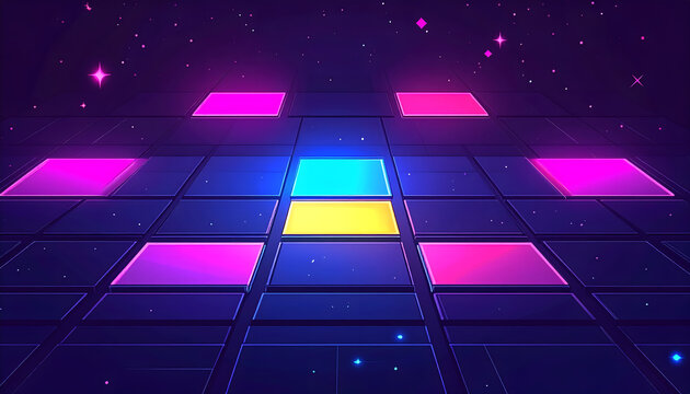 Square grid with pink blue and yellow glowing squares on dark background symbolizing iconic seventies and eighties disco generative AI