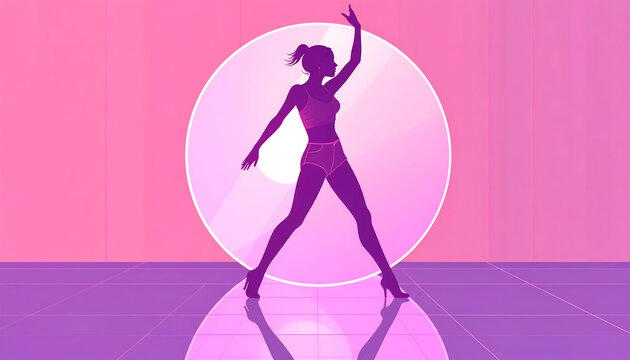 Dancing person silhouette reflected in circular mirror on pink and purple floor capturing rhythmic movement of discofox generative AI