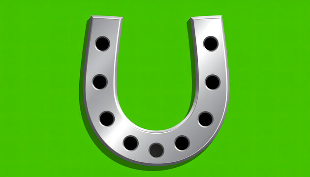 Silver horseshoe with seven black holes on vibrant green background representing luck fate and cheerful schlager tracks generative AI