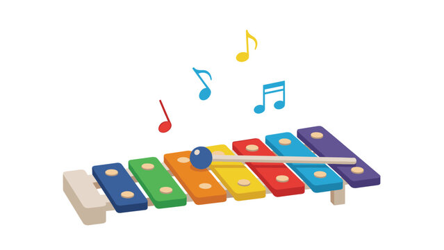 Vibrant illustration of a colorful xylophone with rainbow-colored keys and a mallet, surrounded by floating musical notes, symbolizing music.