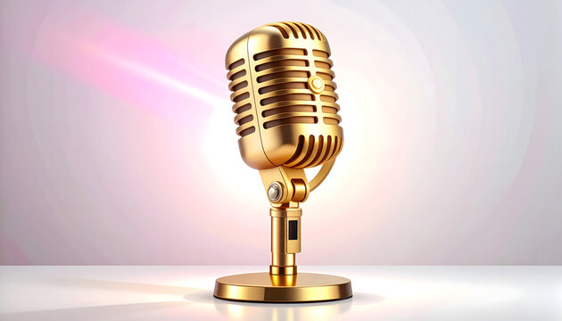 Vintage gold microphone with pink spotlight on white background emphasizing elegance nostalgia and the center stage charisma of schlager generative AI