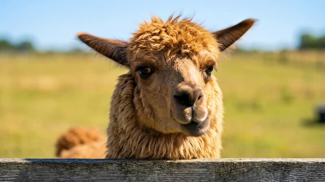 Close-up of a curious alpaca looking over a wooden fence in a field.