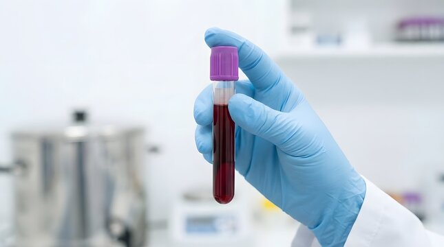 Gloved hand holding blood sample test tube in laboratory, medical diagnostics and healthcare testing concept, clinical research and analysis in modern lab environment