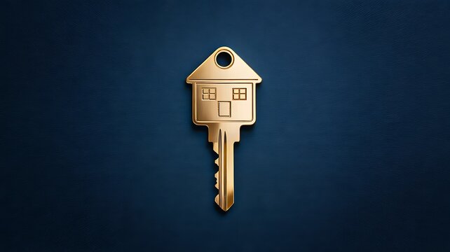 House shaped key on blue background representing real estate ownership and property access concept 